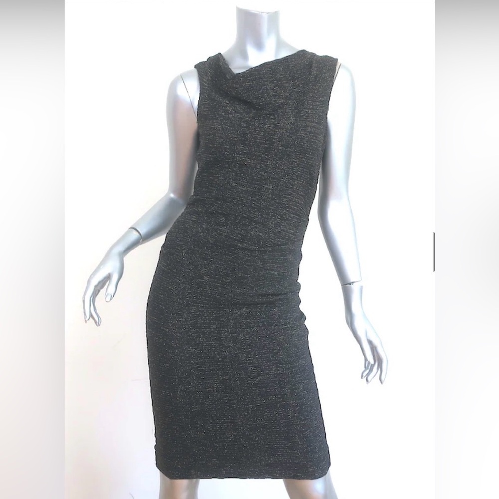 Artelier Nicole Miller Sleeveless Ruched Dress – Black & Gold Metallic, Size 4